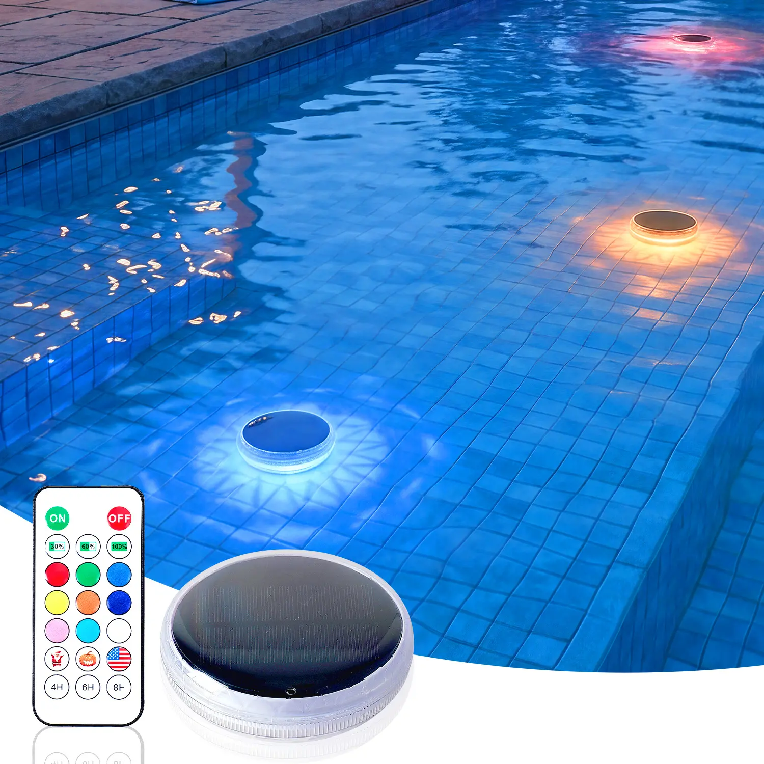 Solar RGB Pool Light, Floating Water Light, Dusk to Dawn AUTO ON/OFF with Remote and Timer, for Pool, Pond, Yard