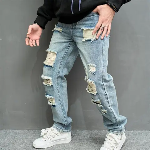 Men High Street Stylish HipHop Holes Loose Straight Jeans Trousers Vintage Male Ripped Cotton Casual Denim Pants Elastic Medium Menswear Pocket