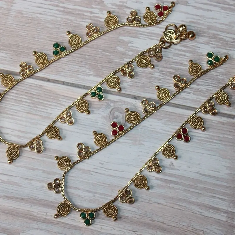 Traditional Gold-Tone Payal with Red & Green Accents