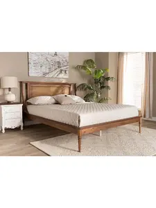 212 MAIN Full-Size Jamila Modern Transitional Dog & Cat Pet Bed - Wood Headboard, Finished Wood & Synthetic Rattan Platform, Curved Bars, Woven Look, Walnut Brown, 43.27x59.84x81.34in