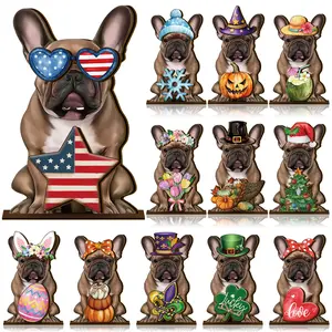 Cute Animals Sign Gift Cat Wooden Sign Desk Decor Golden Retriever Cat Labrador Dachshund Highland Cow Interchangeable Ornaments with Magnet Detachable Hats for Summer Holiday Seasonal Birthday Party, Gift for Pet Owning Families and Animal Lovers