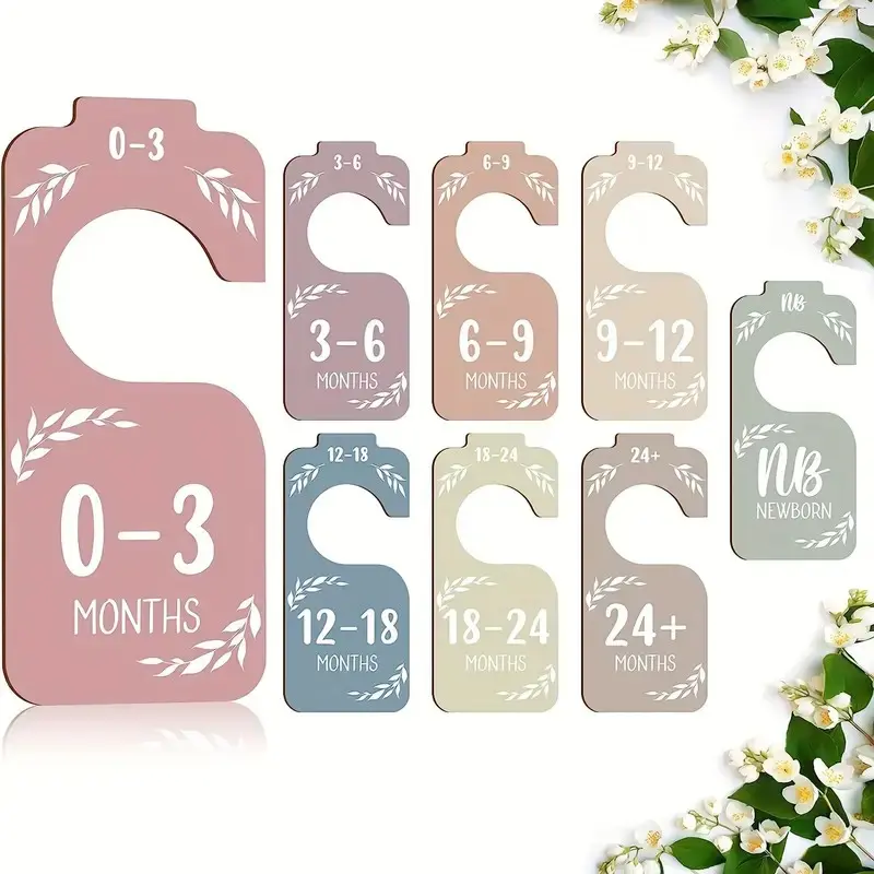 8-Pack Colorful Plant Wood Baby Clothing Hanging Dividers, Wooden Brand Newborn Clothes Organizer, Infant Wardrobe Divider for 0-24 Months Hangers