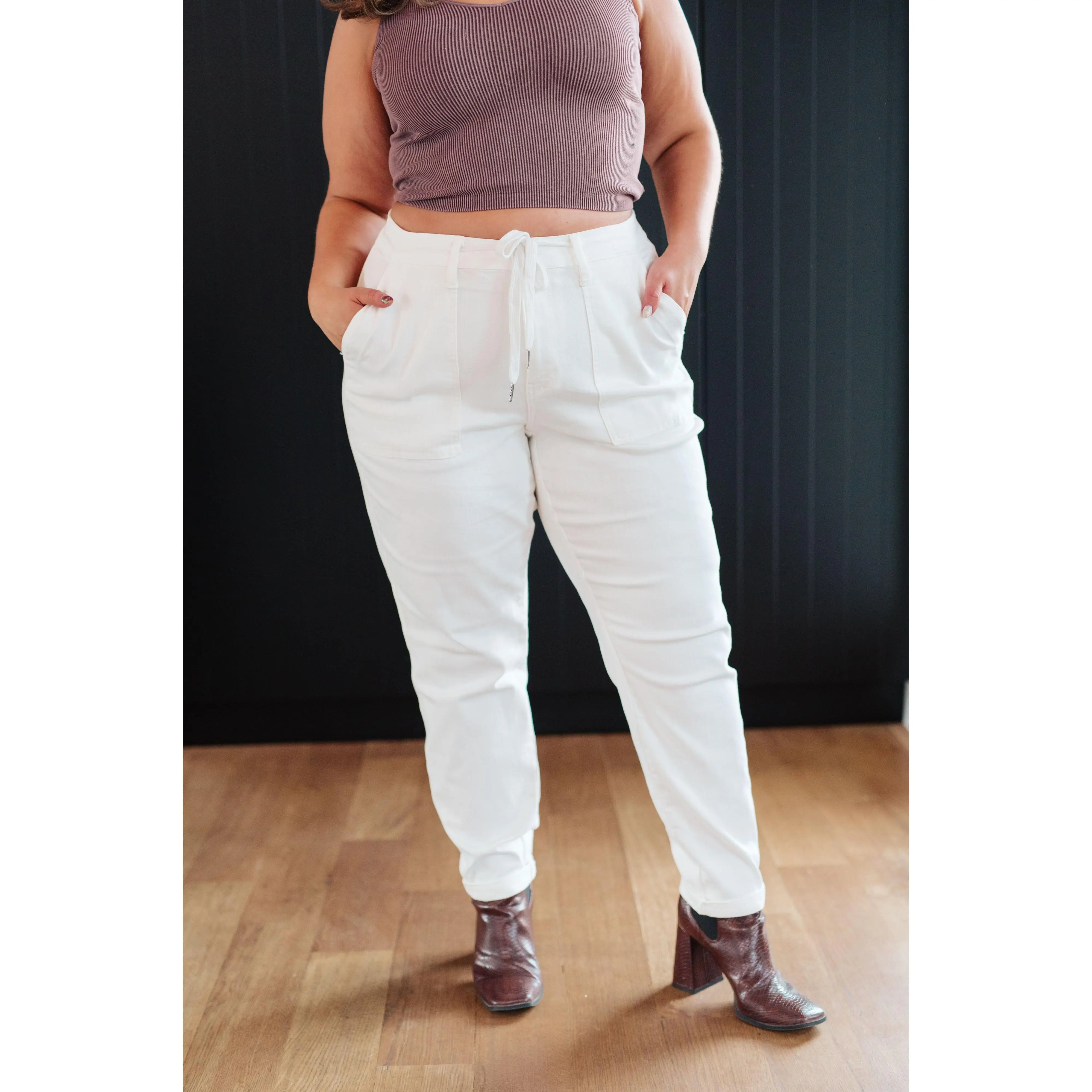 Judy Blue High Waist Drawstring Jogger Jeans in Ecru 88812, Stretchy Cotton Comfort Womenswear Denim Bottom, Relaxed Chic Trendy