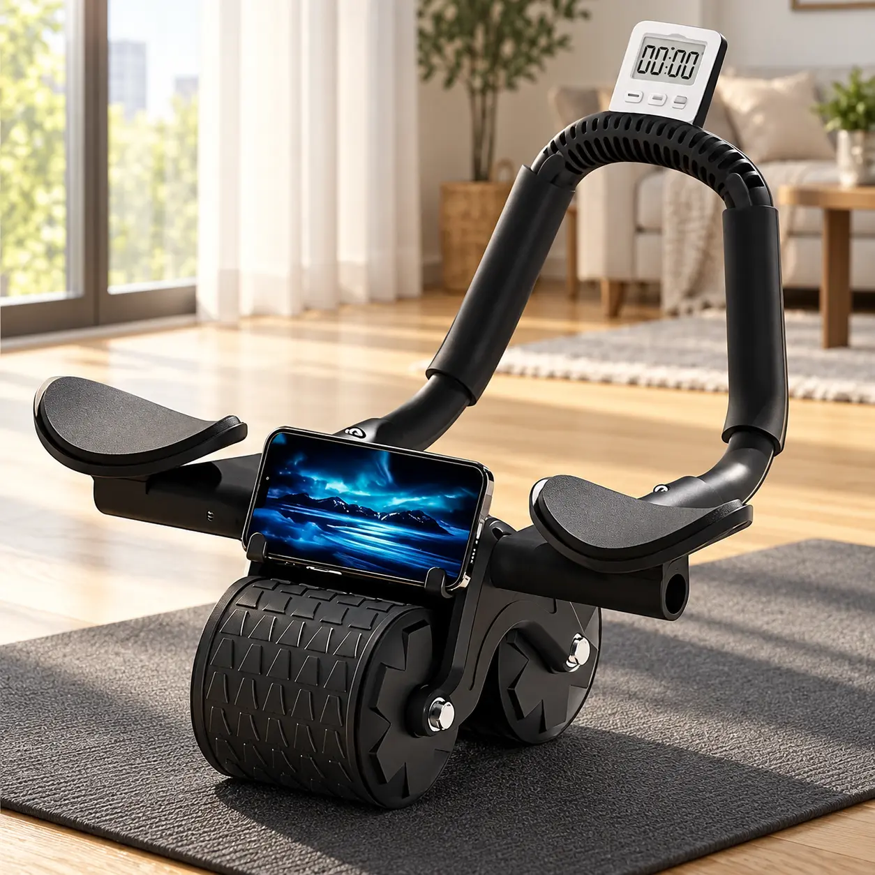 Ab Roller Wheel with Elbow Support, Automatic Rebound Dual Wheel Abdominal Exerciser for Men & Women, Core Workout and Stomach Exercise Equipment with Digital Timer & Knee Pad, Home Gym Fitness Equipment