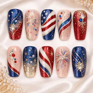 Firework Patriotic Press On Nails Red Blue Glitter Star Nails Independence Day Nails Fourth July Nails Luxury Fake Nails Gift For Women