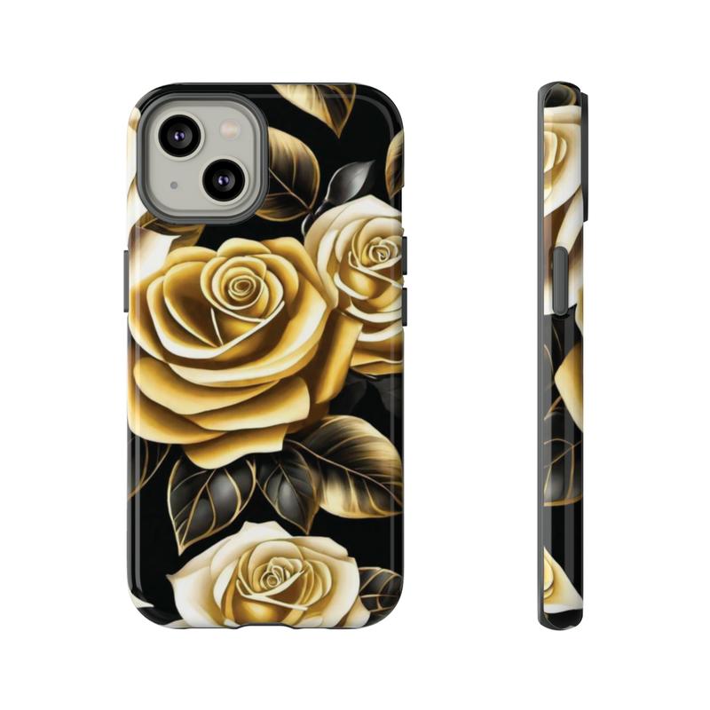 Elegant Black and Gold Roses Phone Case - Stylish Protection for Samsung Galaxy, iPhone, Google Pixel phones, Cellphone Accessories, Wireless Cover, Handheld Protective, iPhone Case, Samsung Galaxy Case, Google Pixel Case Shell Golden Shockproof Casing