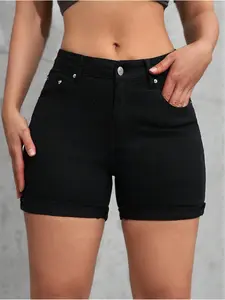 Women's Black Denim Shorts, Cuffed Denim Shorts, Casual Comfy Pocket Denim Shorts for Daily Wear, Ladies Bottoms for All Seasons, Womenswear