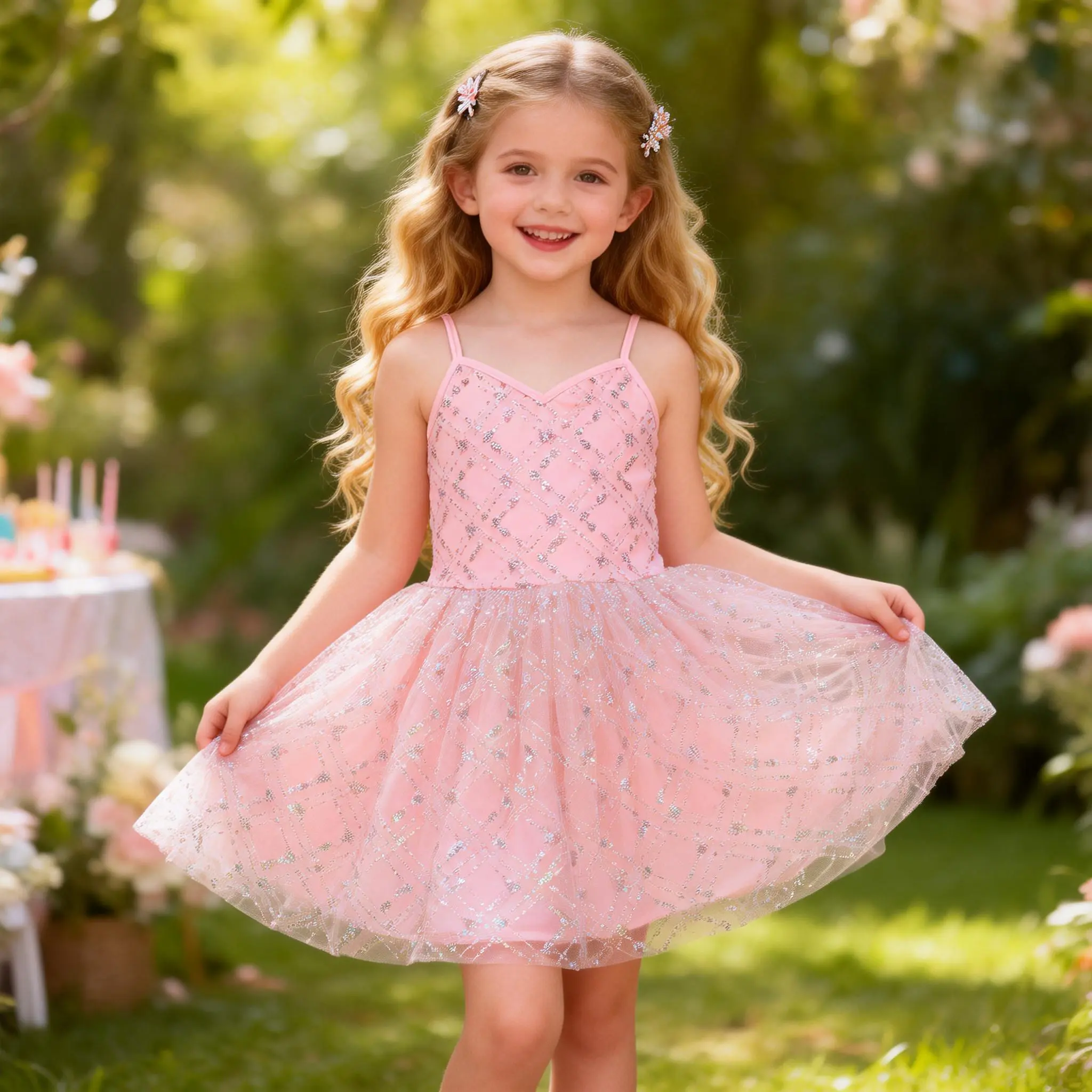 Glittery Pink Princess Dress with Spaghetti Straps | Girls' Dance Recital & Birthday Party Costume
