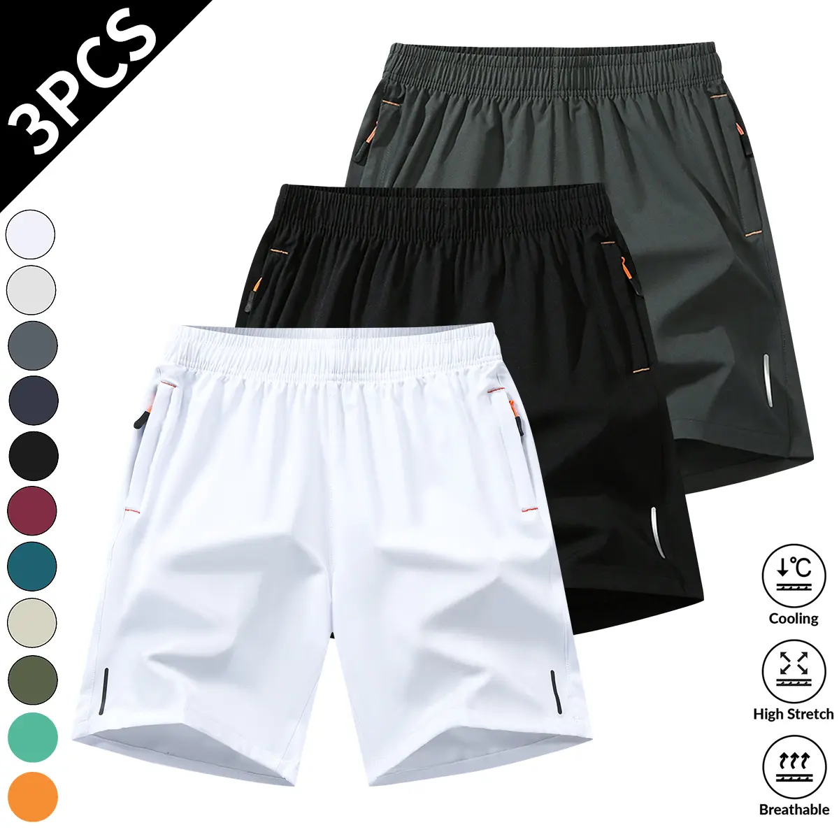3PCS Men’s Solid Color Drawstring Shorts with Pockets, Men’s Clothing, Machine Washable Zip Pocket Shorts, Casual Sport Style Shorts for Beach Vacations, Breathable Summer Men’s Sports Bottoms, Energetic Summer Shorts, Father’s Day Collection