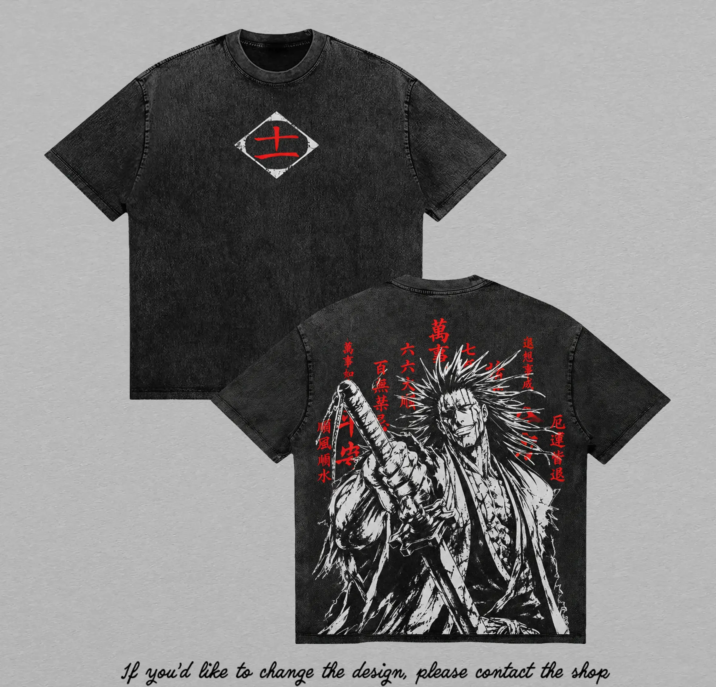 Kenpachi Zaraki Bleach Thousand-Year Blood War Vintage Washed Tee, Soul Reaper Captain Anime Graphic Oversized Heavyweight Cotton Shirt