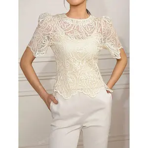 Amyenjoylife Women's Elegant Short Sleeve Lace Puff Sleeve Hollow Out Blouse T-Shirt