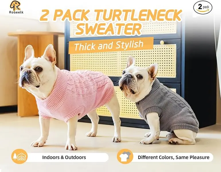2-Pack Turtleneck Dog Sweaters for Small Dogs and Cats, Winter Warm Clothes for Puppies, Chihuahua, Bulldog, Pug, and Beagle