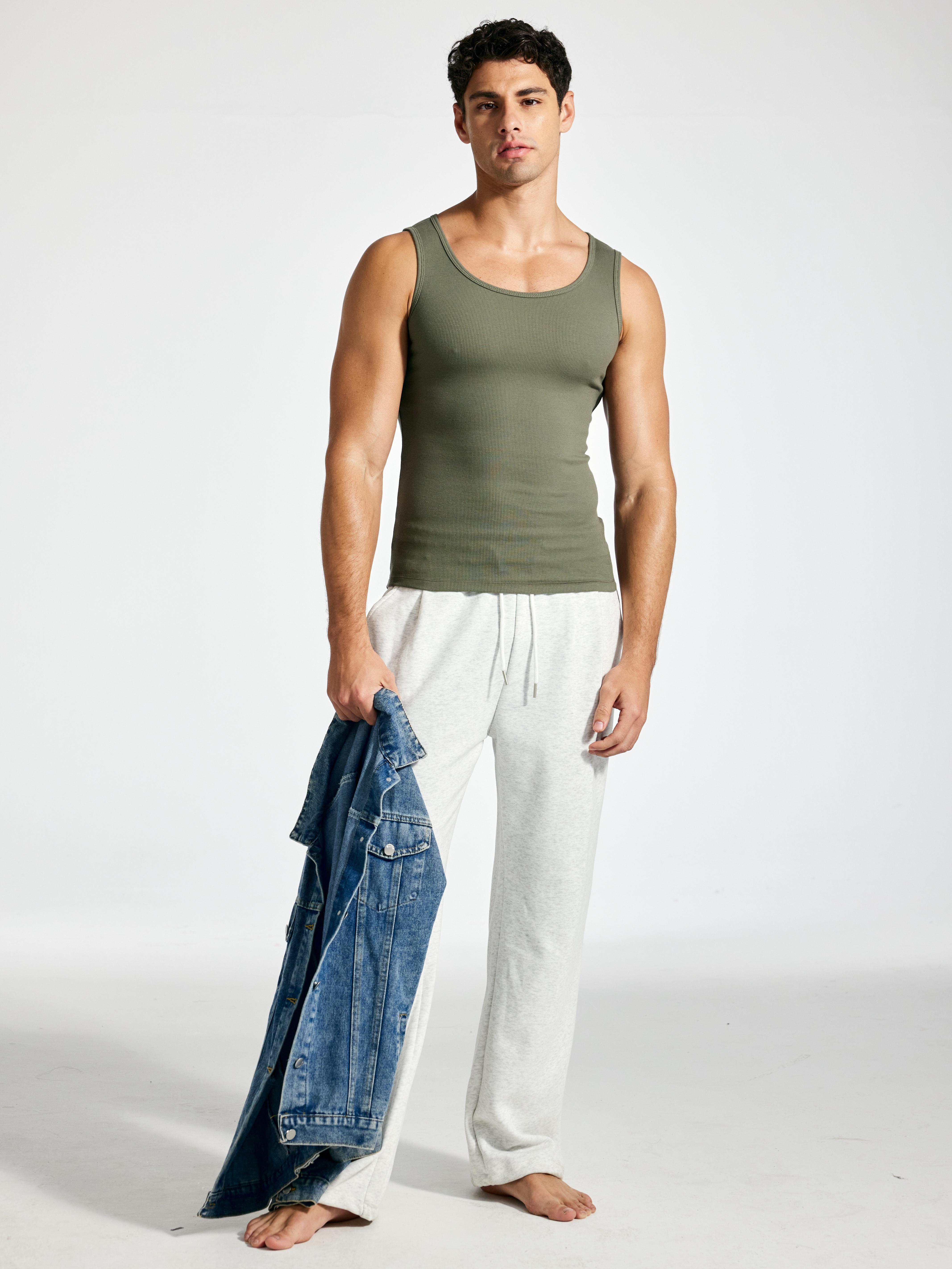 【Nebility】Men’s Solid Color Ribbed Crew Neck Tank Top 100% Cotton, Slim Fit Minimalist Athletic Undershirt, Soft Stretch Breathable for Gym Workout & Casual Wear
