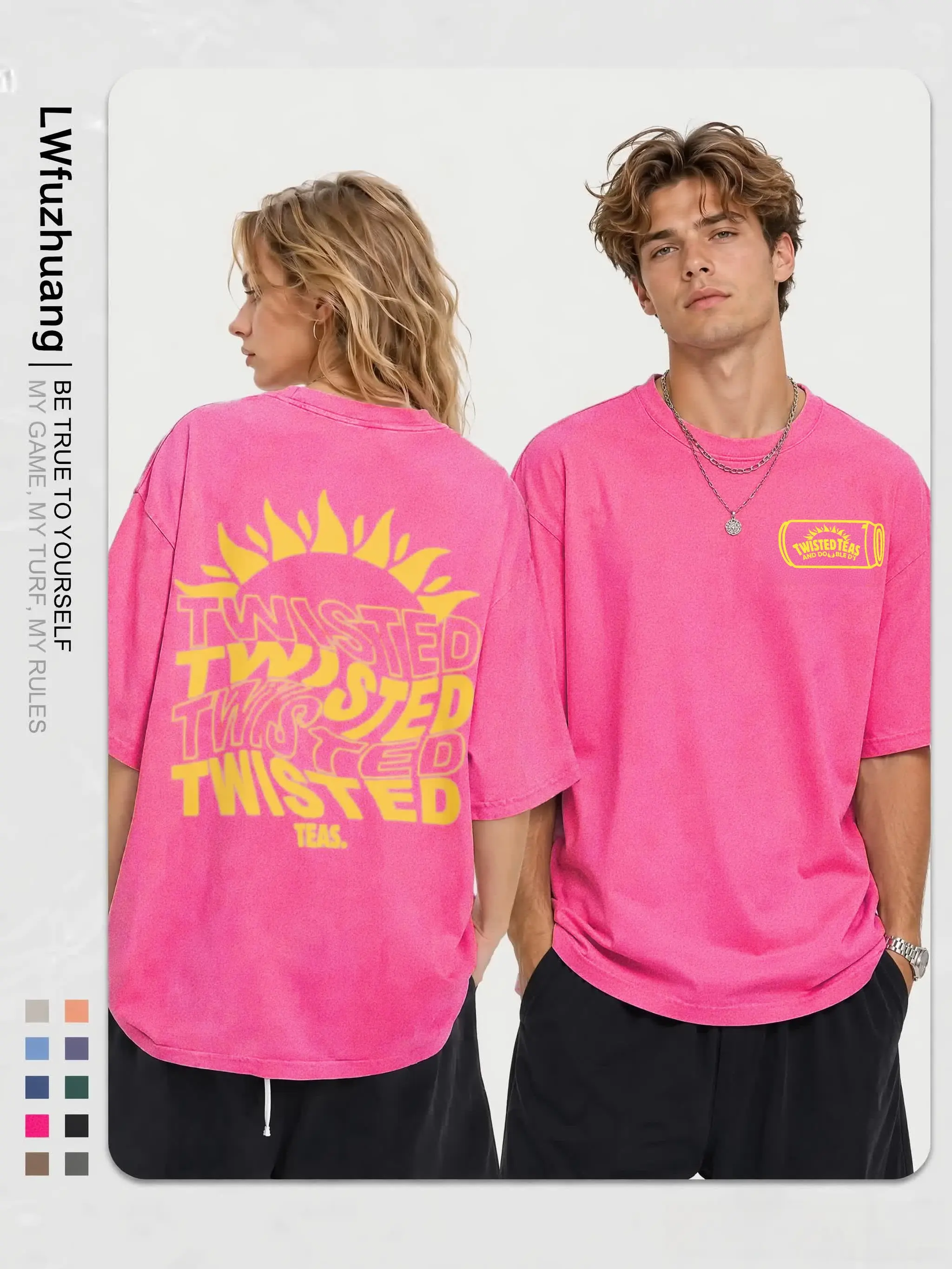 Vintage-Inspired Twisted Tea Cotton Short-Sleeve Tshirt - ,Double-Sided Print, Drop Shoulder Sleeves, 230g Thick High-Quality Fabric, Round Neck, Casual Streetwear Top