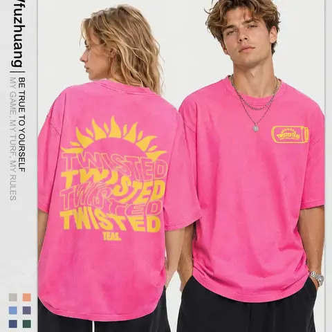 Vintage-Inspired Twisted Tea Cotton Short-Sleeve Tshirt - ,Double-Sided Print, Drop Shoulder Sleeves, 230g Thick High-Quality Fabric, Round Neck, Casual Streetwear Top