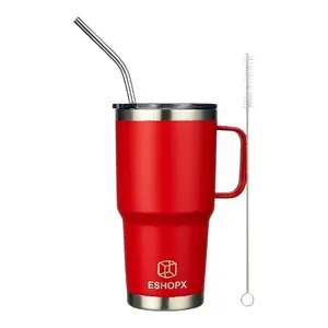 Eshopx 30 oz Insulated Tumbler with Handle – Includes 2 Metal Straws & Cleaning Brush – Keeps Drinks Cold 24 Hrs/Hot 12 Hrs – Multiple Colors Drinkware Portable Cup