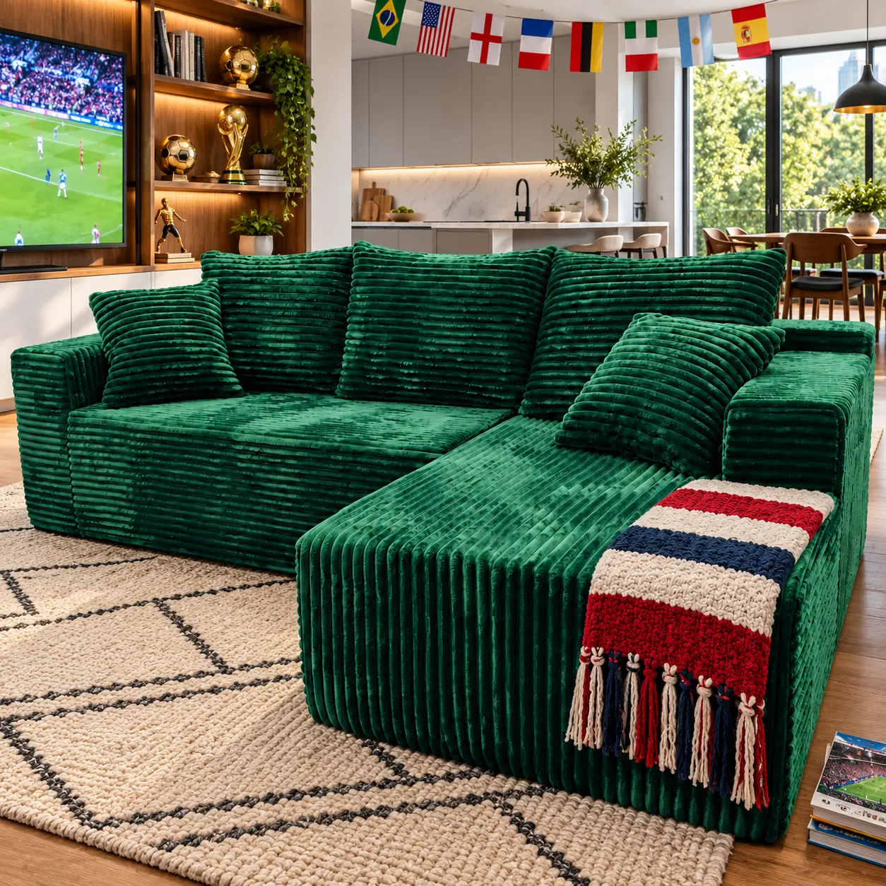 96" Green Minimalist L-Shape Sectional Couch with Fixed Arms, Modern Chenille Boneless Cloud Sofa, No Assembly, Oversized Modular Deep Seat Striped Set, Flexible Configuration, Soft Squishy Couch for Living Room Furniture, L-Shape Sectional Living Room Fu