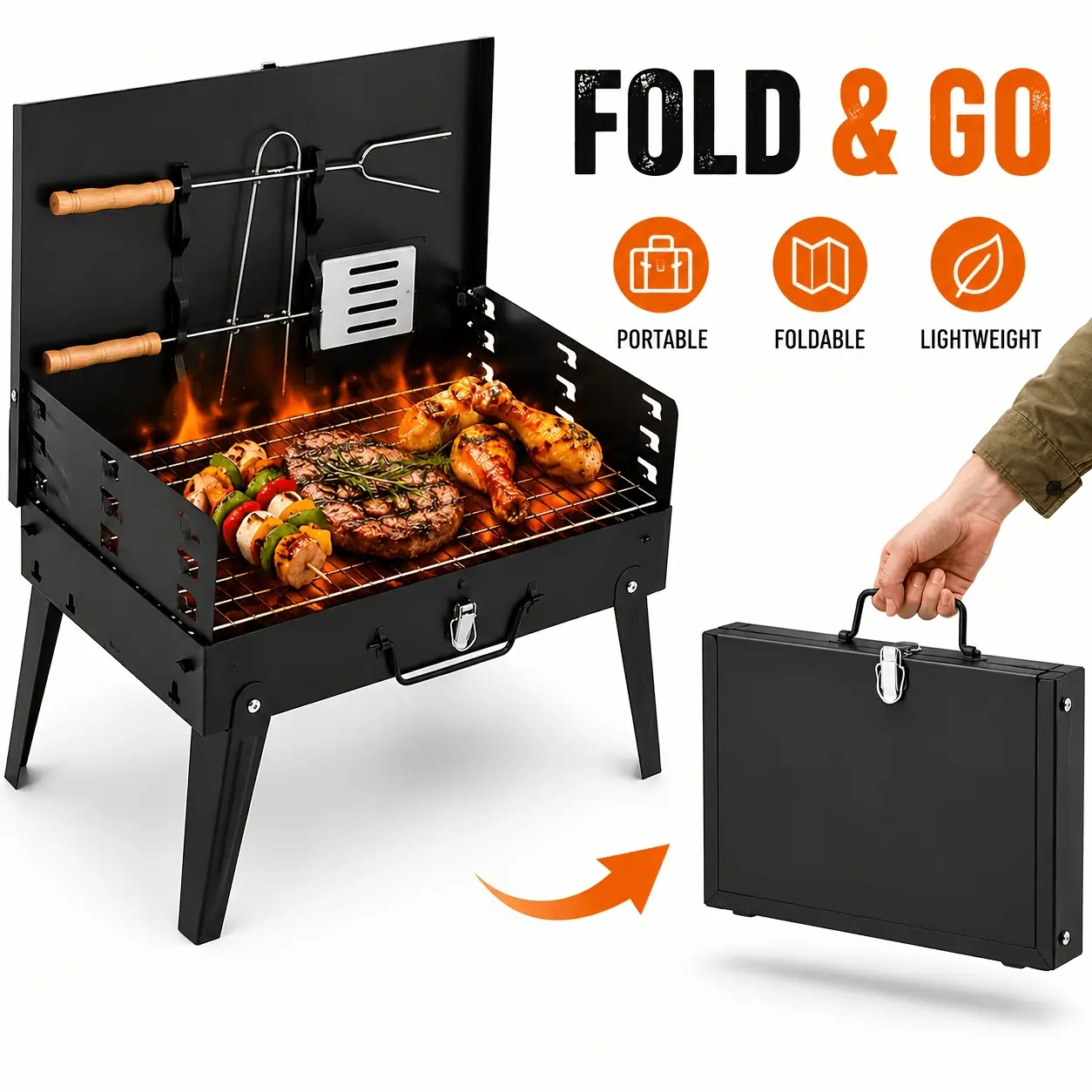 Barbecue Grill for Camping Equipment & Watch Party, Foldable Tabletop Tailgating Charcoal Grill with Fast Setup Tools Kit, Compact Wide Grate