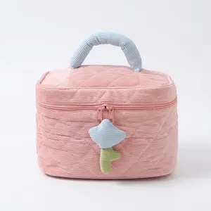 Aesthetic Soft Corduroy Makeup Bag Large Capacity Cosmetic Travel Pouch Cute Tulip Floral Zipper Premium Skincare Organizer Portable Beauty Handbag Chic Coquette Roomy Toiletry Case Multi-functional Storage Box Daily Gift