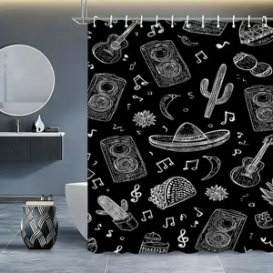 Mexican Music Food Graffiti Shower Curtain Set, Theme, Includes Guitar, Speaker, Cactus, Burrito, Chili, Bathroom Decor