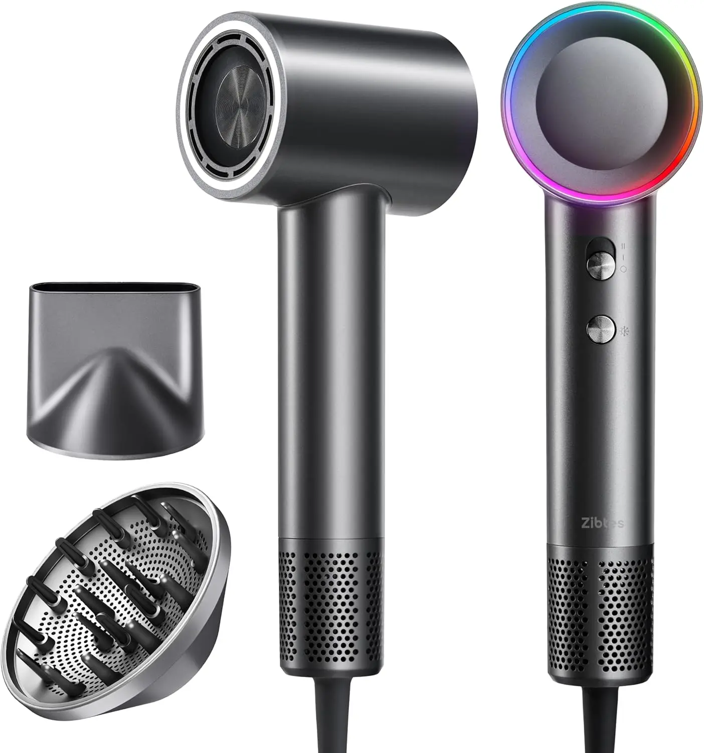 Zibtes High-Speed Ionic Hair Dryer with Diffuser (Grey) | 160K RPM Fast Drying, 500M Ions Reduce Frizz & Damage, Boost Shine, 2 Attachments for All Hair Types, Low-Noise Blow Dryer
