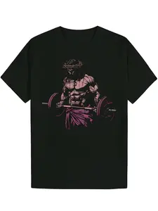 Men'S Summer Casual Patterned T-Shirt - Black Fitness Coach Christ Weightlifting Art Print, Round Neck Top, Machine Washable Regular Fit for Everyday Workout Wear, Gym Shirt, Artistic Sportswear