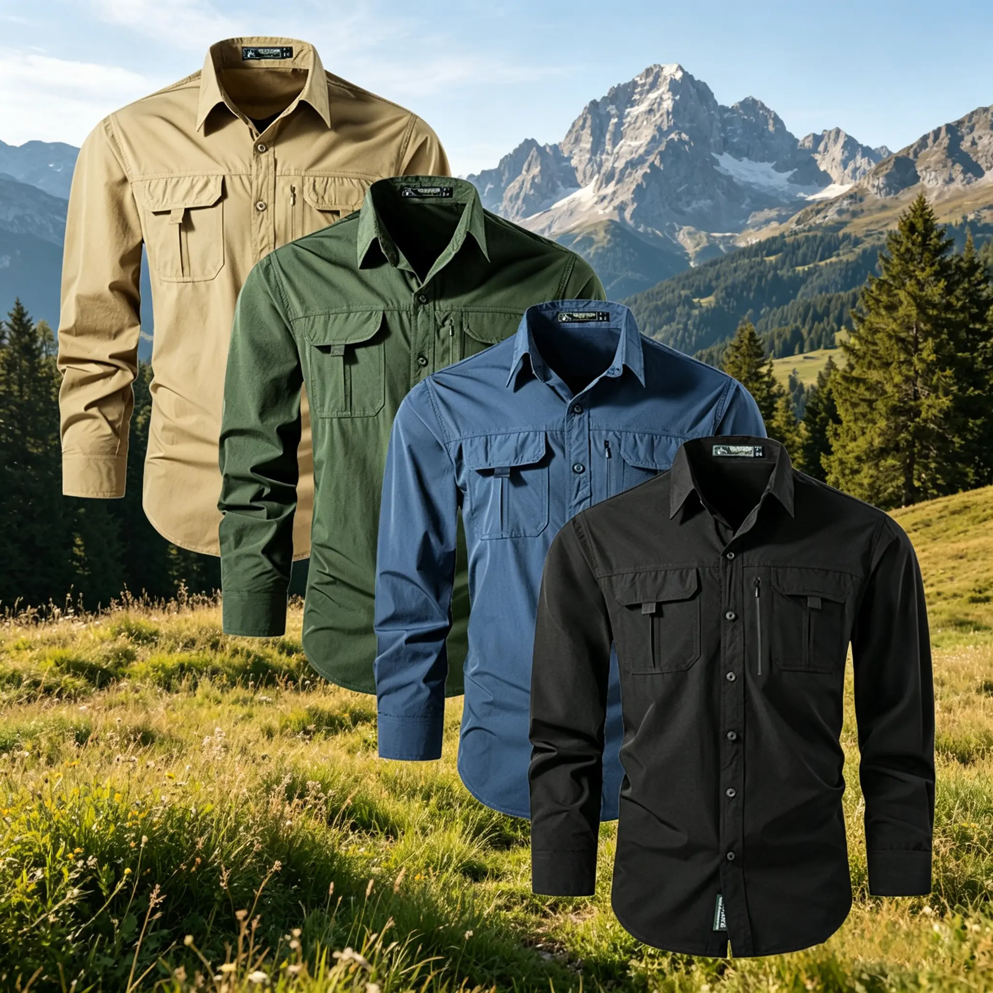 Single pack: new spring/autumn men’s quick-dry long-sleeve shirt for outdoor casual wear; lightweight, sun-protective, breathable, multi-pocket design suitable for sports, hiking, and mountaineering; nylon workwear fabric.