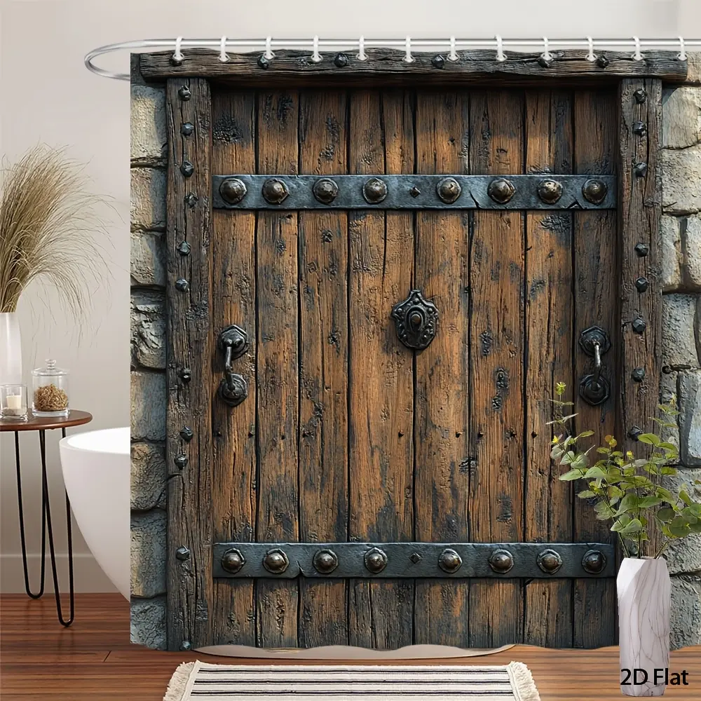 Rustic Wooden Shower Curtain Weathered Wooden Door with Textured Planks and Medieval Architecture Bathroom Decor Housewarming Gift, Hooks