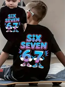 1pc Boys' 67 Design T-Shirt - Double Sided Print Tshirt, Tee with Number 67 Print, Soft Breathable Fabric for Birthday Parties, School, Graphic Fashion Tee