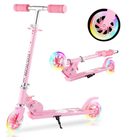 Kids Scooter 2-Wheels Kick Scooter Ride On Toy with Luminous Wheels, Adjustable Handlebar, Non-slip Pedal, Gift for Kids Aged 4-10, for Outdoor Play