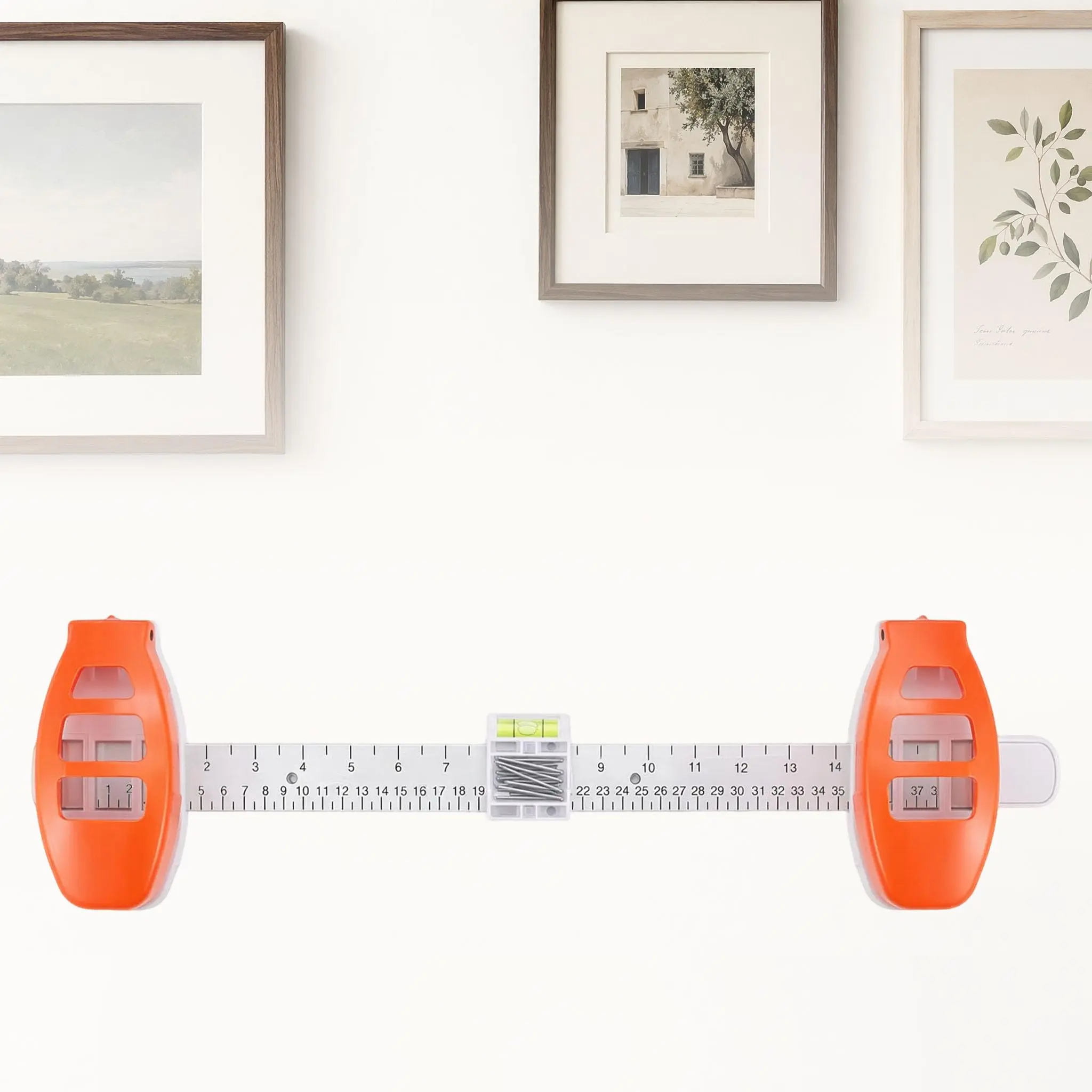 2PCS ABS Picture Hanging Tool with Level, Ruler & Magnetic Nail Holder, 20 Nails Included for Frames & Gallery Walls - Home & Party Supply Accessory (Orange)