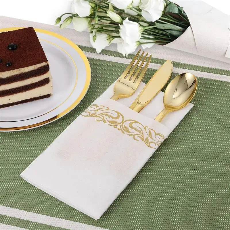 Luxury Look Disposable Gold Decoupage Paper Decorative Hand Towels & Silver Napkins, 12x17inch, 25-100pcs Multiple Packs Disposable Tableware for Formal Dinner, Family Dinner Party