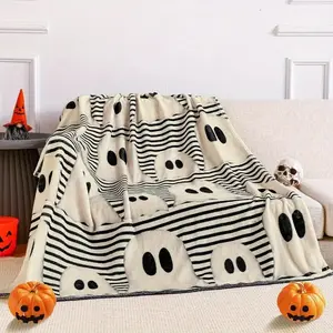 Halloween Ghost Print Throw Blanket – Ultra Soft Flannel Blanket with Checkered & Smiley Design – Cozy Lightweight Sofa Bed Blanket for Fall Decor & Holiday Parties