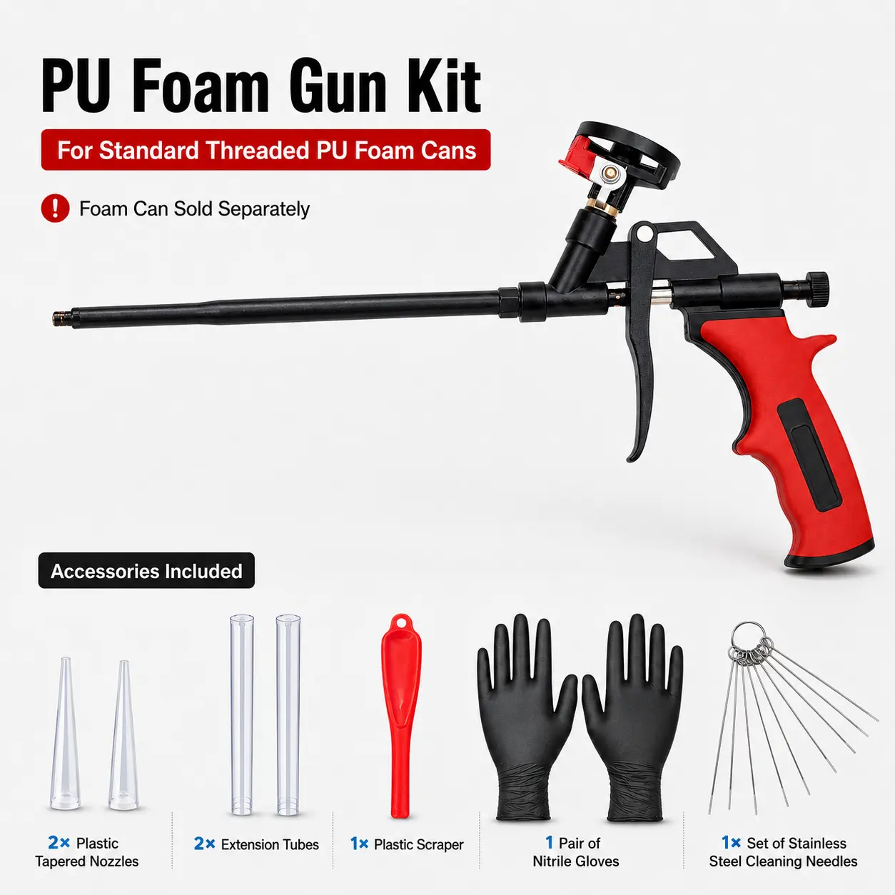 PU (Polyurethane) Foam Gun Hardware Tool Kit - ABS, Ergonomic Handle, Controlled Foam Flow, Adjustable Flow Control, Long Barrel, Metal-Plastic Build, Fits Standard Cans, Wall Joint Sealing, Father’s Day DIY Home Repair Portable Black Caulking Tool