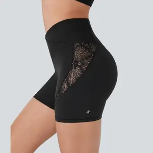 Halara Softlyzero Crossover High Waisted Contrast Lace Back Pocket Yoga Biker Shorts 5''-UPF50+