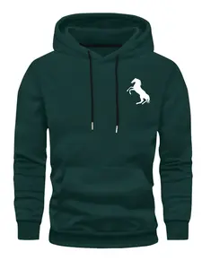 Men's Regular Fit Horse Print Dark Green Drawstring Hoodie, Casual Comfy Pocket Pullover Hooded Sweatshirt for Daily Wear, Men's Clothes for Fall & Winter