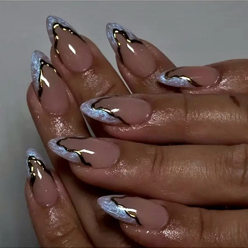SHEDARES Icy Waves– Handmade Dreamy Blue Pearlescent Medium Almond Press-On Nails – Ideal for Weddings, Prom&Date Nights