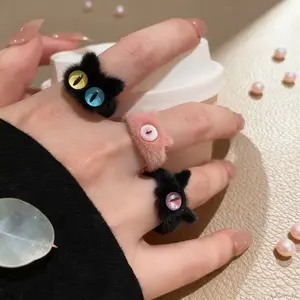 Kawaii Plush Animal Eye Adjustable Open Cuff Finger Rings Glittery Colorful Trendy Jewelry Unique Gift for Women And Girls