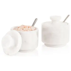 Elborse Marble Salt Cellar 3 Inch Flaky Salt Holder for Countertop, Perfect Set of 2 Spice Box, Brown Sugar Keeper, Candy Bowl, Sugar Jar with Lid and Spoon Kitchen Storage