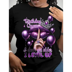 Women's Birthday Queen Graphic T-Shirt - "I Don't Get Older I Level Up" Slogan with Lips & Crown Design, Stretchy Casual Short Sleeve Crew Neck Top for Summer & Spring, Machine Washable, Versatile Tee, Playful Print Shirt, Highela