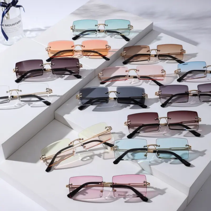 4 Pack Rimless Rectangle Sunglasses Frameless Square Glasses Vintage Transparent Eyewear for Women Men