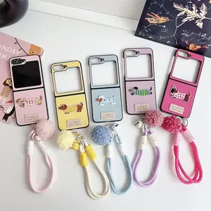 Wrist Strap Leather Cartoon Phone Case for Samsung Galaxy Z Flip 7FE 6 5 4 3 Flip6 Flip5 Flip4 Flip7 Shockproof Protective Cover