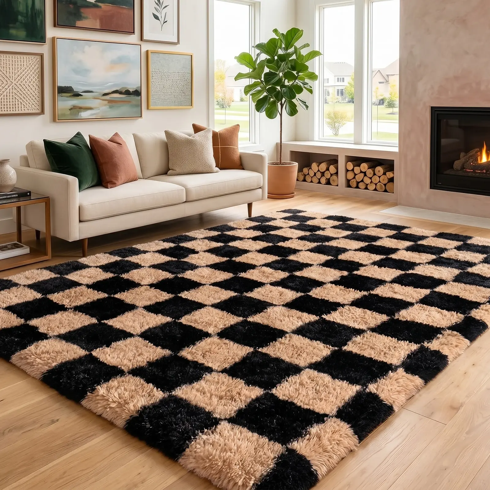 Checkered Shaggy Area Rug, Soft Fluffy Plaid Carpet for Living Room Bedroom, Black and Camel Indoor Rug