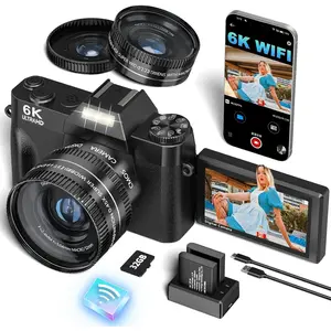 2025 Upgrade 6K Digital Camera for Photography 64MP Vlogging Camera for YouTube with WiFi, 180?Flip Screen, 16X Digital Zoom, 52mm Lens, 32GB  SD Card, 2 (Black)