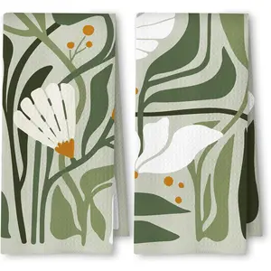 Abstract Boho Sage Green Floral Kitchen Towels Set of 2, 70s Retro Groovy Boho Botanical Dish  Towels for Kitchen Decor, Mid Century Modern Hand Towels for Bathroom Decor, 16x24 Inch