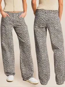 Women's Leopard Denim High Waisted Loose Fit Flare Pants, Casual Streetwear Party Holiday Wear, All Seasons Long Regular Length