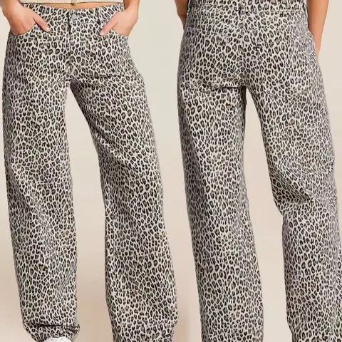 Women's Leopard Denim High Waisted Loose Fit Flare Pants, Casual Streetwear Party Holiday Wear, All Seasons Long Regular Length