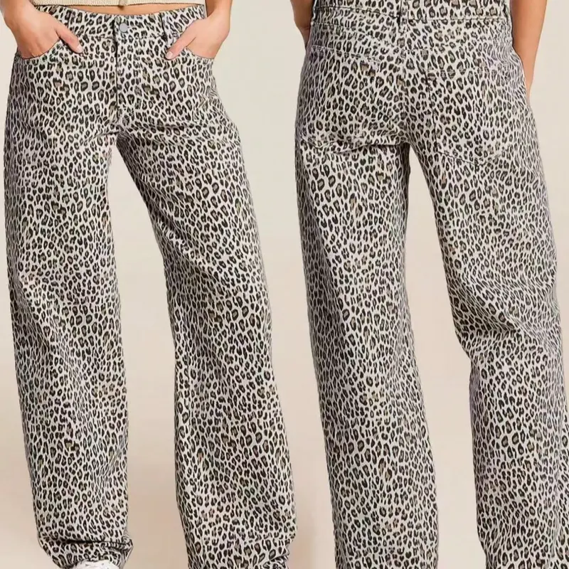Women's Leopard Denim High Waisted Loose Fit Flare Pants, Casual Streetwear Party Holiday Wear, All Seasons Long Regular Length