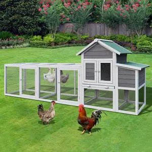 Gray Wooden Chicken Coop Outdoor Hen House with Run, Waterproof Roof & Nesting Box, Rabbit Duck Poultry Cage with Perch, Sliding Tray, and Secure Locks