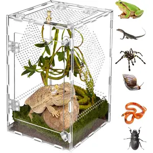 Easy Assembly Acrylic Reptile Terrarium, 360° Clear Secure Design, Scratch-Resistant Large Ventilated Habitat for Jumping Spiders Tarantulas Geckos Arachnids, 11.8*7.9*7.9in